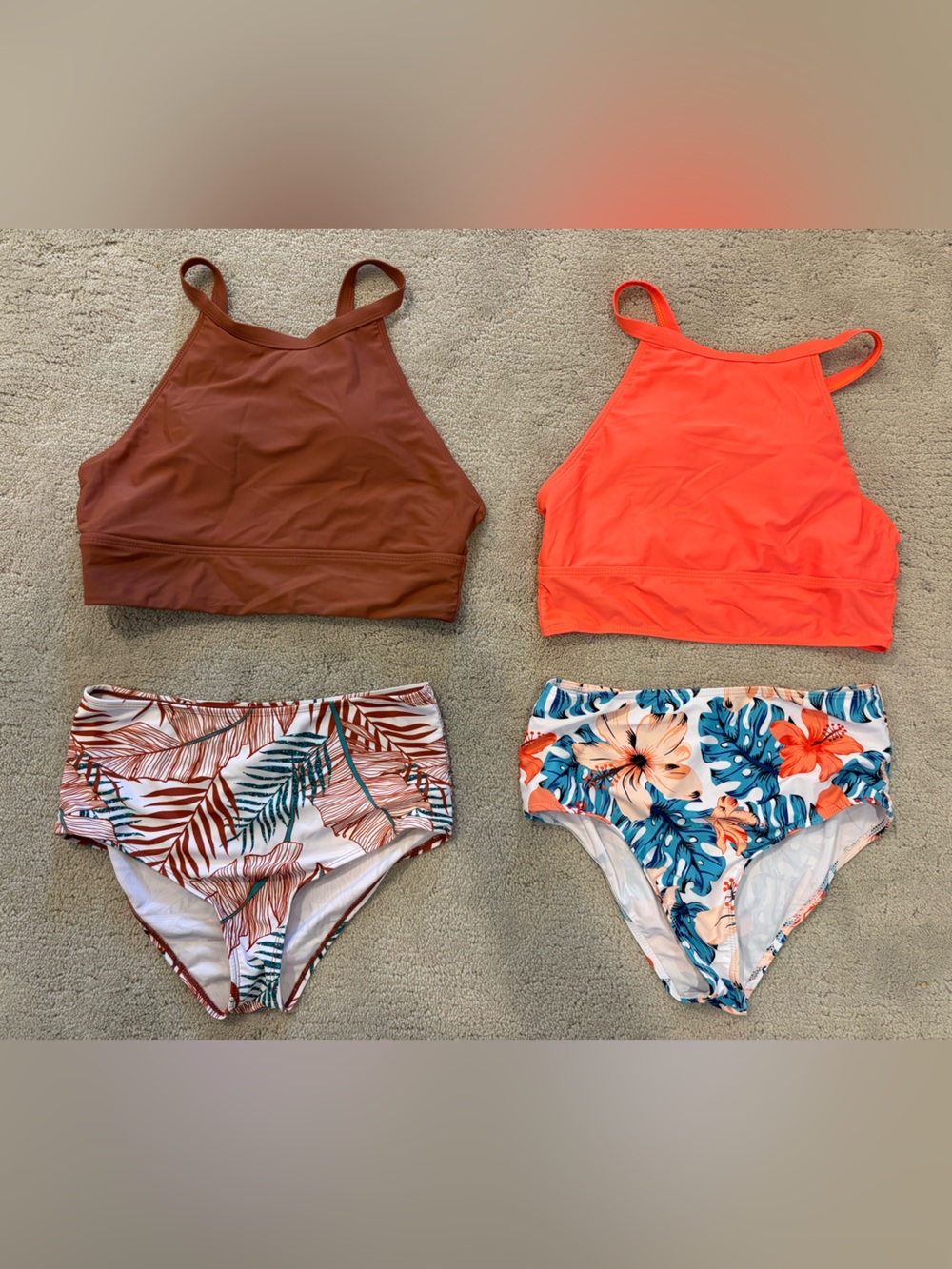 2 Swimsuits High-Neck Bikini Tops High Waist Bottoms Tropical Orange Brown Med